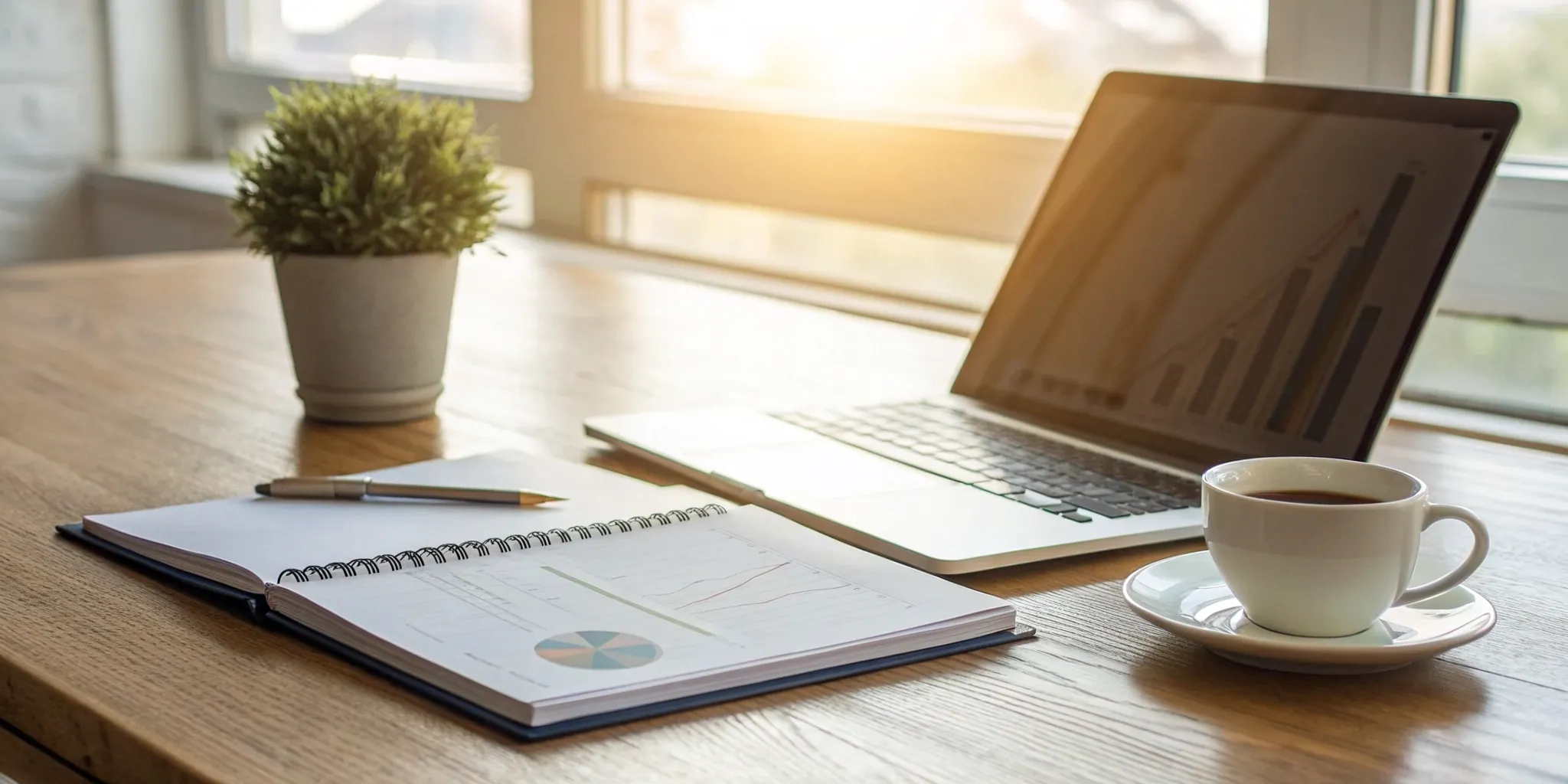 A laptop with growth charts on a desk for researching top franchise opportunities.